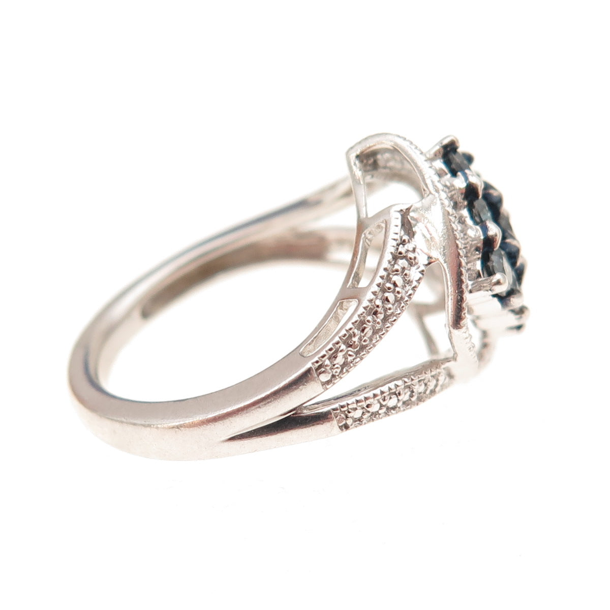 Sun 925 Sterling Silver Real Round-Cut Blue & White Diamond Ring Size 7