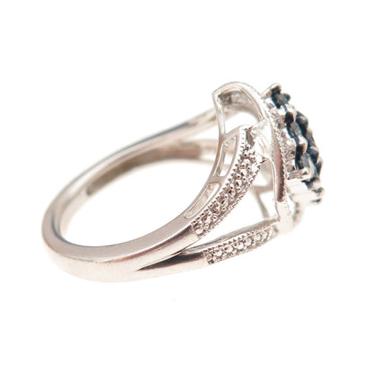 Sun 925 Sterling Silver Real Round-Cut Blue & White Diamond Ring Size 7