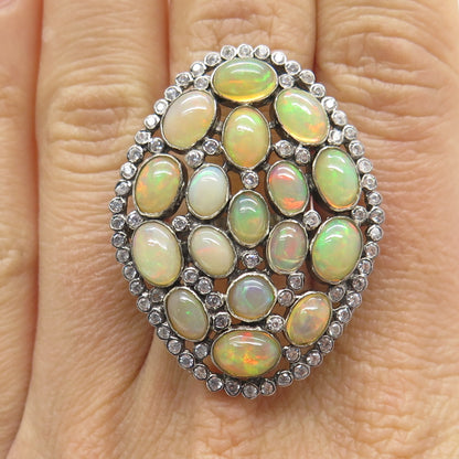 925 Sterling Silver Black Rhodium Real Opal & White Topaz Cluster Ring Size 6.75