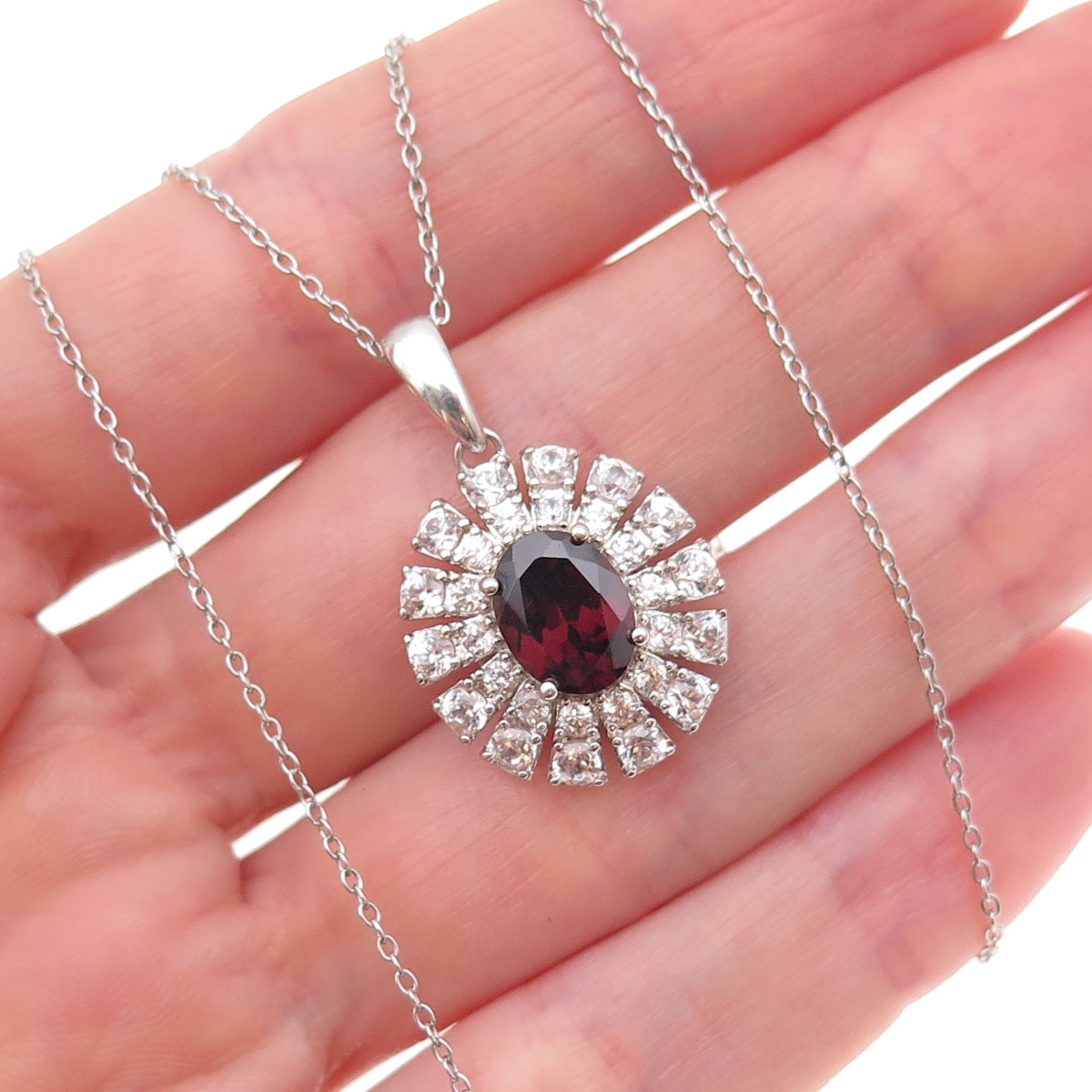 925 Sterling Silver Real Red Garnet White Topaz Floral Cable Chain Necklace 18"