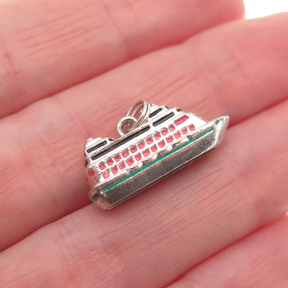 JEZLAINE 925 Sterling Silver Vintage Enamel Cruise Ship 3D Mini Charm Pendant