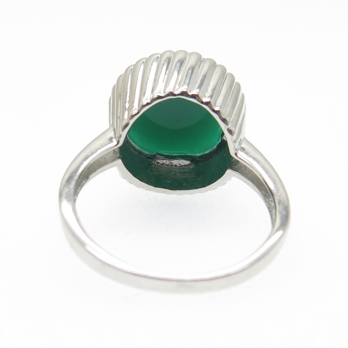 925 Sterling Silver Real Checkered Green Onyx Gem Ribbed Dome Ring Size 7