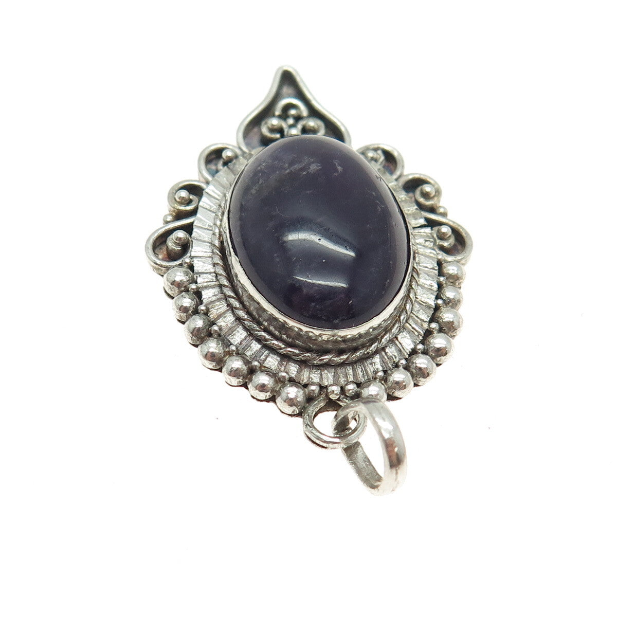 925 Sterling Silver Vintage Real Amethyst Swirl & Beaded Oxidized Pendant