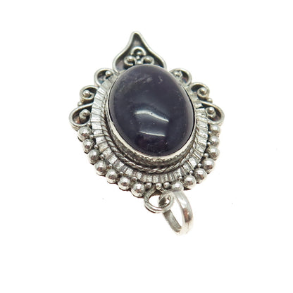 925 Sterling Silver Vintage Real Amethyst Swirl & Beaded Oxidized Pendant