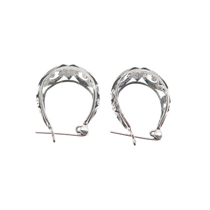 925 Sterling Silver Vintage Flower Oxidized Hoop Earrings