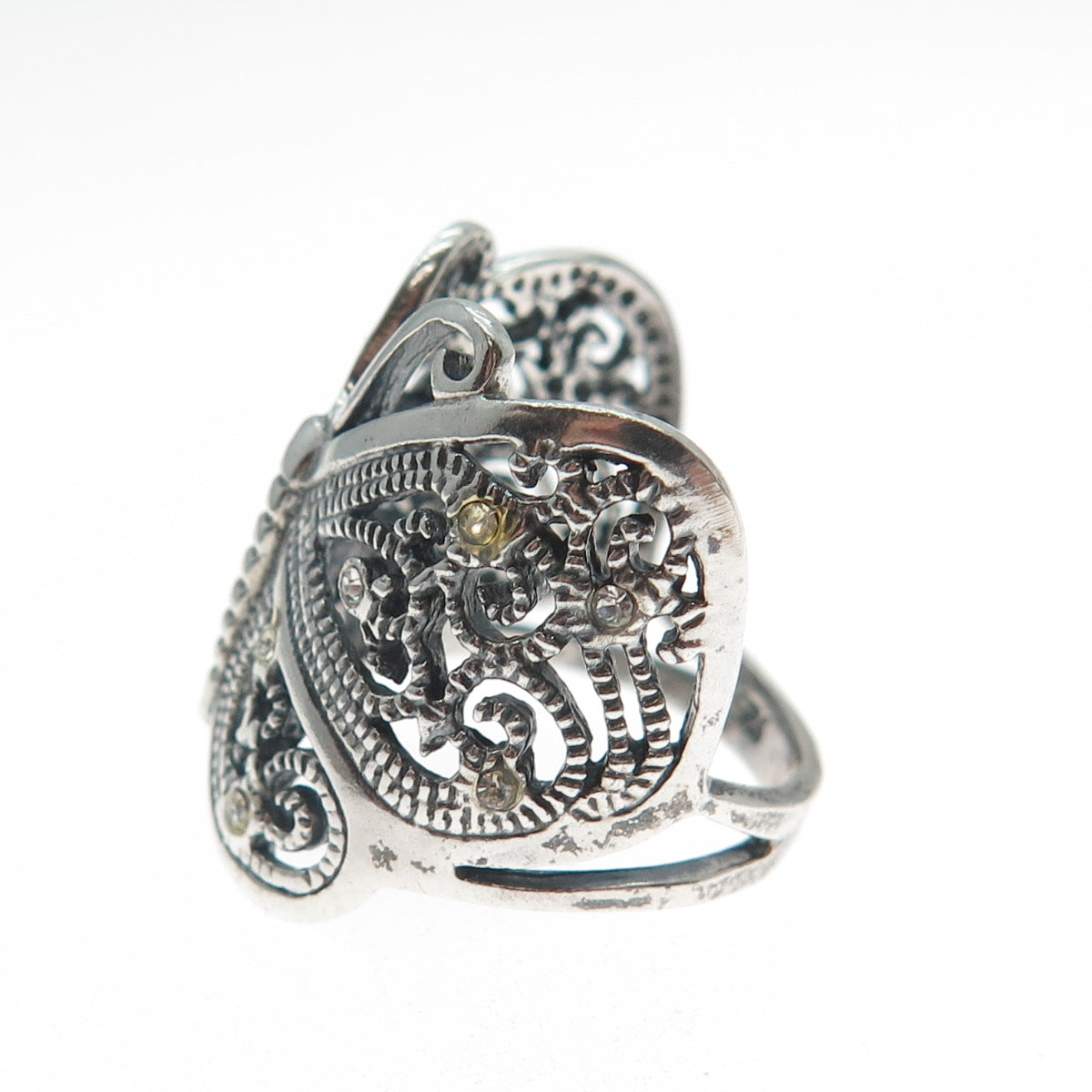 925 Sterling Silver Vintage Rhinestone Butterfly Oxidized Ring Size 6.75