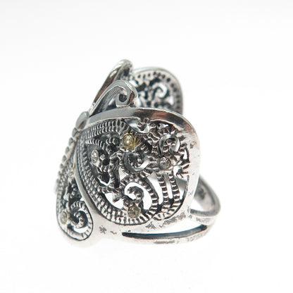 925 Sterling Silver Vintage Rhinestone Butterfly Oxidized Ring Size 6.75