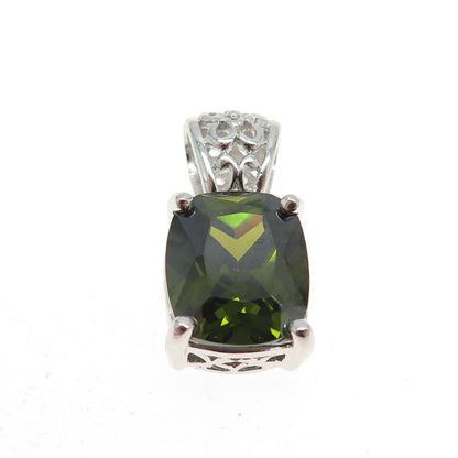 925 Sterling Silver Cushion-Cut Dark Green C Z Pendant