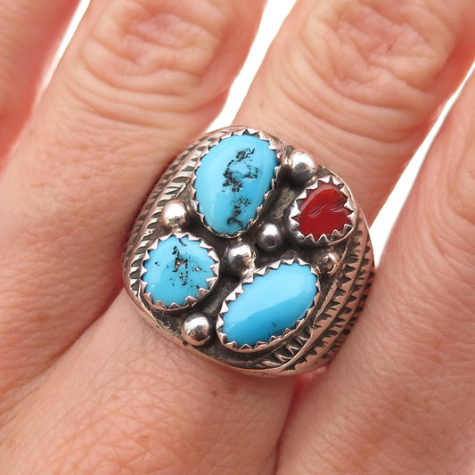 Old Pawn 925 Sterling Silver Vintage Southwestern Turquoise & Coral Ring Size 12