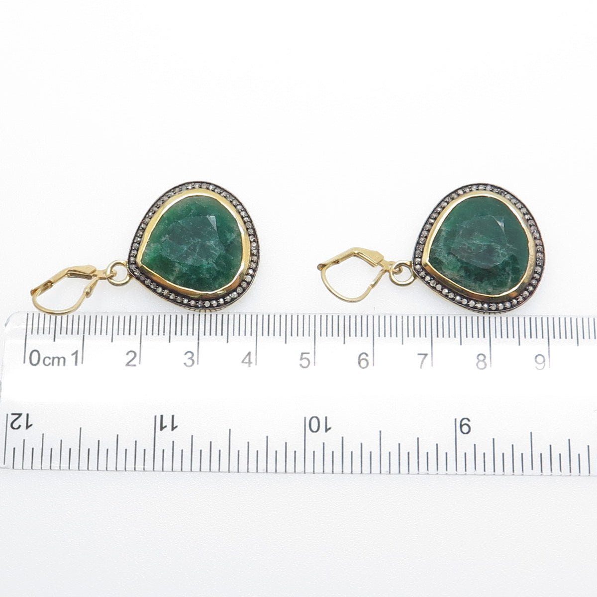 925 Sterling Silver Gold Plated Real Diamond & Emerald Teardrop Dangle Earrings