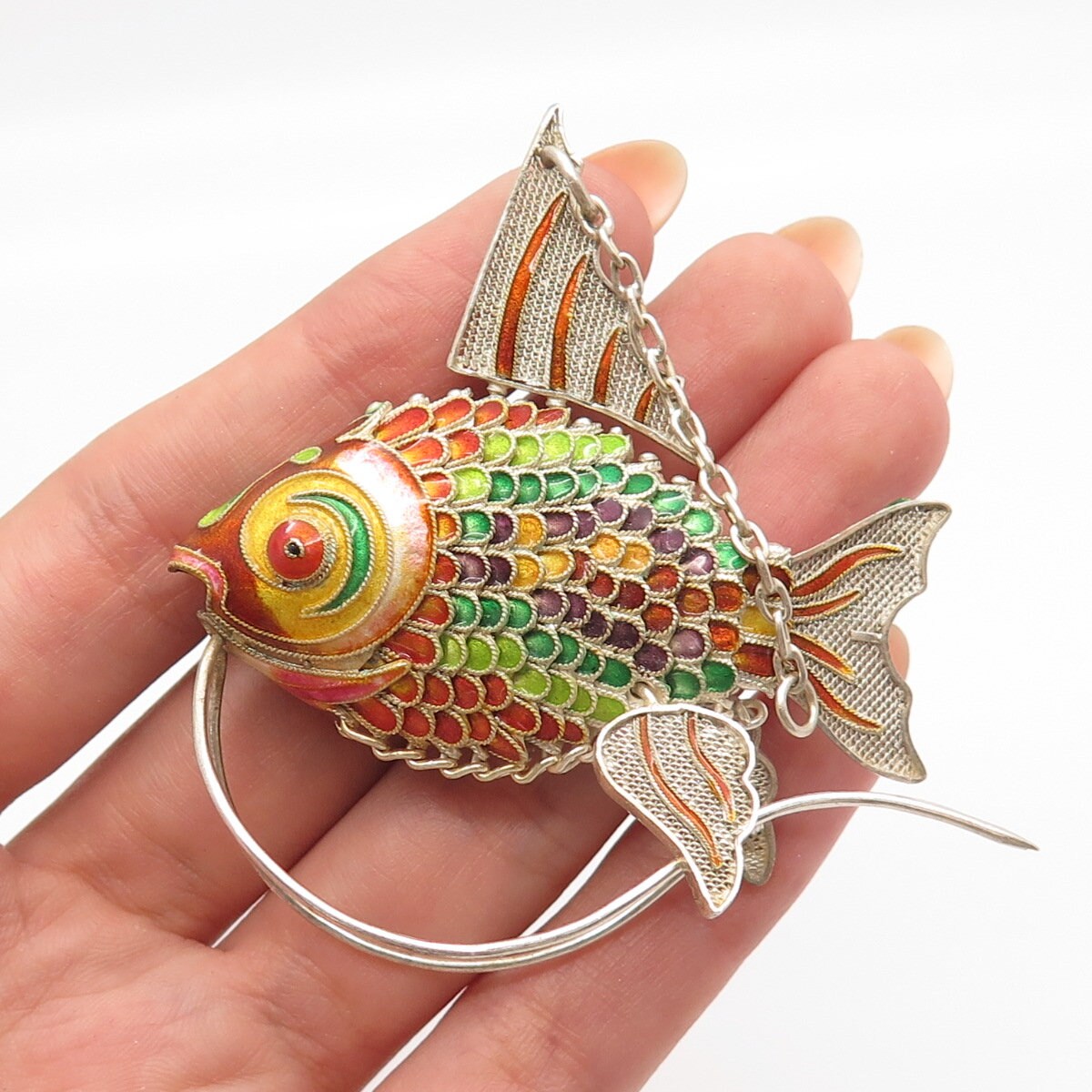925 Sterling Silver Enamel Antique Articulated Chinese Koi Fish Chatelaine Fob