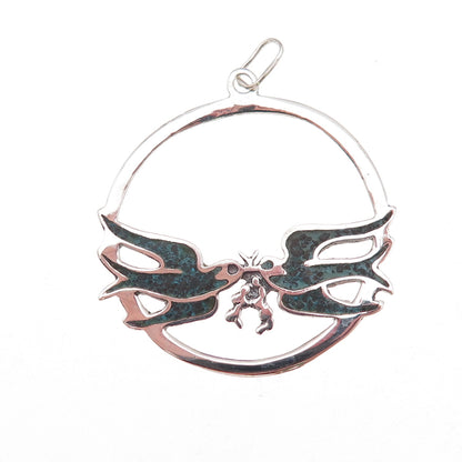 925 Sterling Silver Vintage Real Turquoise Inlay Two Swallow Birds Charm Pendant
