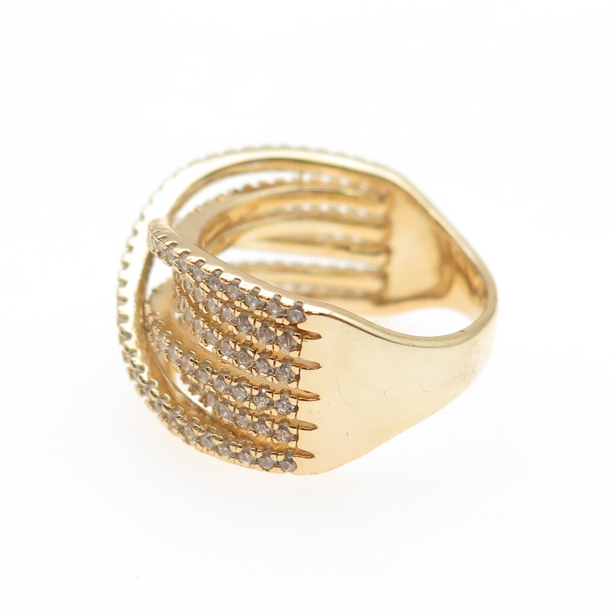 925 Sterling Silver Gold Plated Round-Cut C Z Crisscross Ring Size 6.25