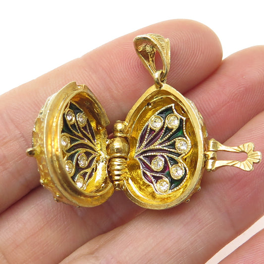 925 Sterling Gold Plated Vintage Enamel & Rhinestone Easter Egg Locket Pendant