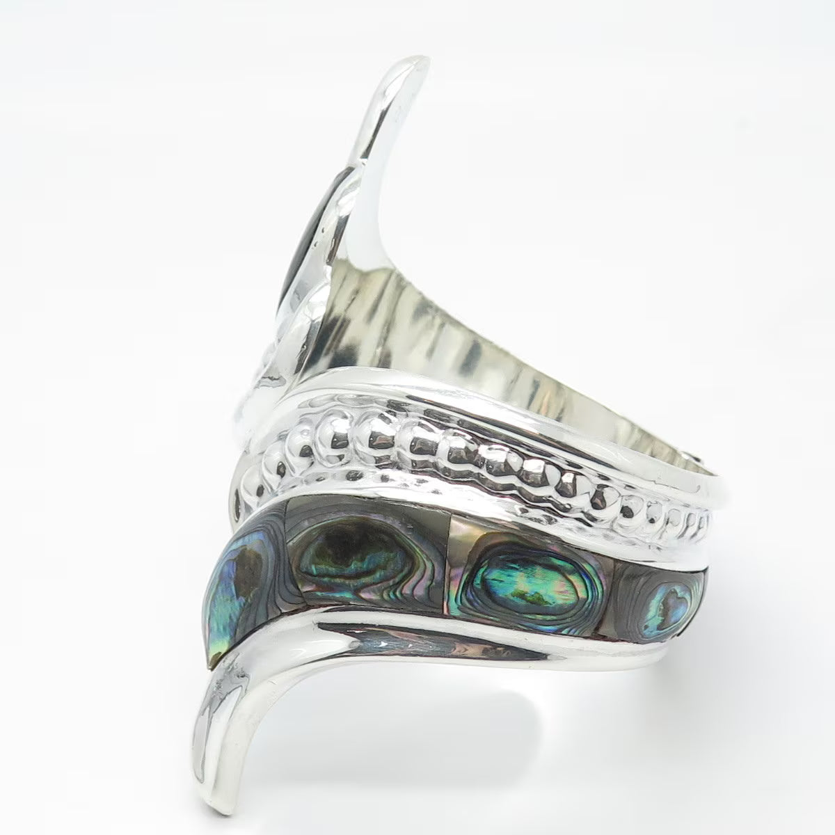 925 Sterling Silver Vintage Mexico Real Abalone Shell Hammered Bracelet 7"