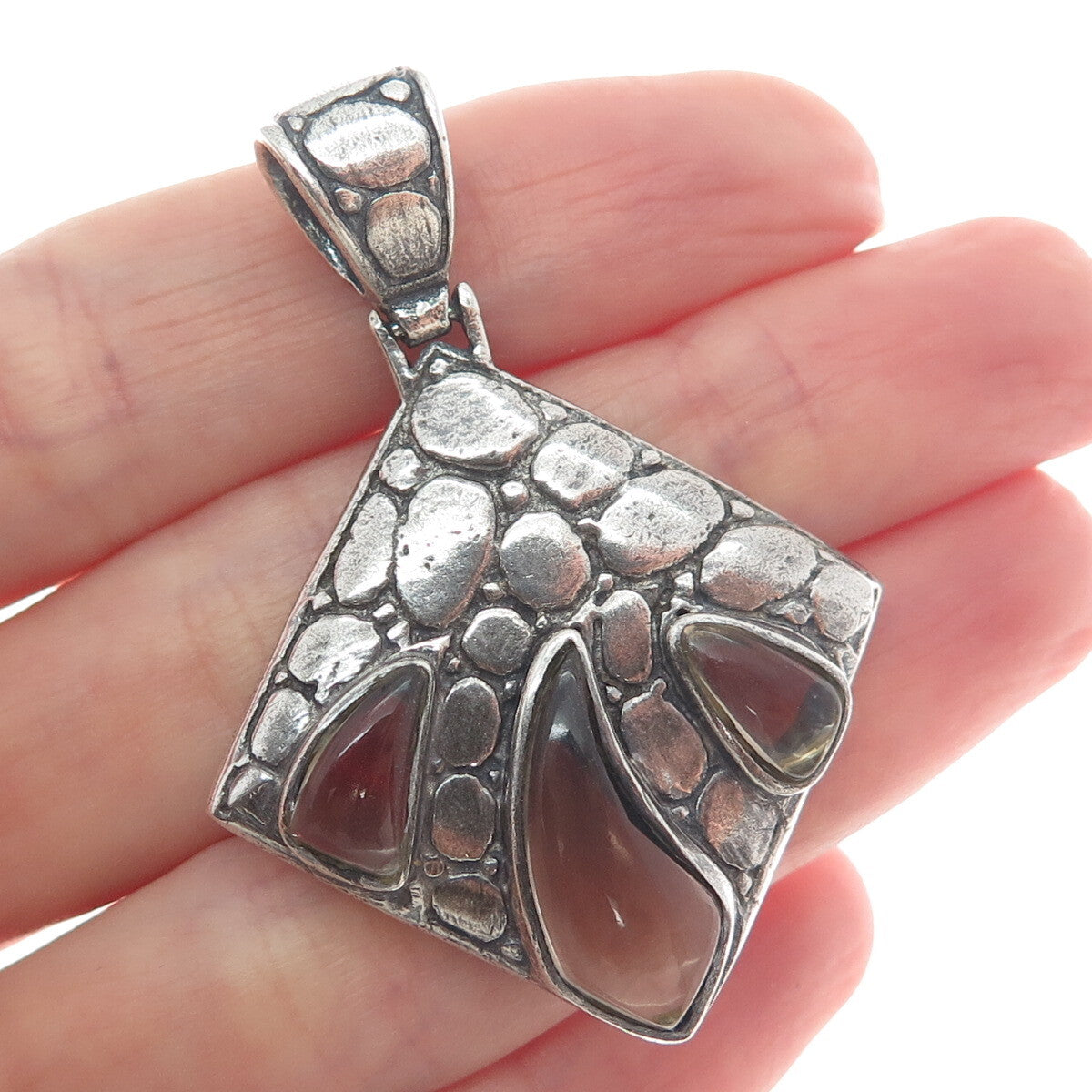925 Sterling Silver Vintage Real Smoky Quartz Pebble Modernist Oxidized Pendant