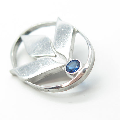 925 Sterling Silver CTO Vintage Blue C Z Floral Oval Pin Brooch
