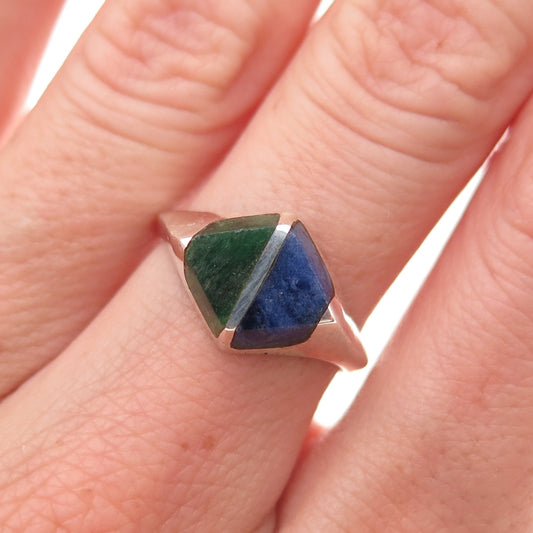 925 Sterling Silver Vintage Mexico Real Turquoise Lapis Modernist Ring Size 6.5