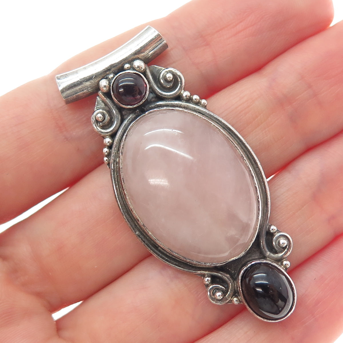 925 Sterling Silver Vintage Real Rose Quartz Tourmaline Rhodonite Slide Pendant