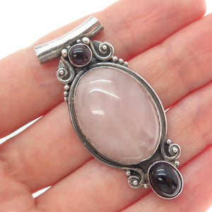 925 Sterling Silver Vintage Real Rose Quartz Tourmaline Rhodonite Slide Pendant