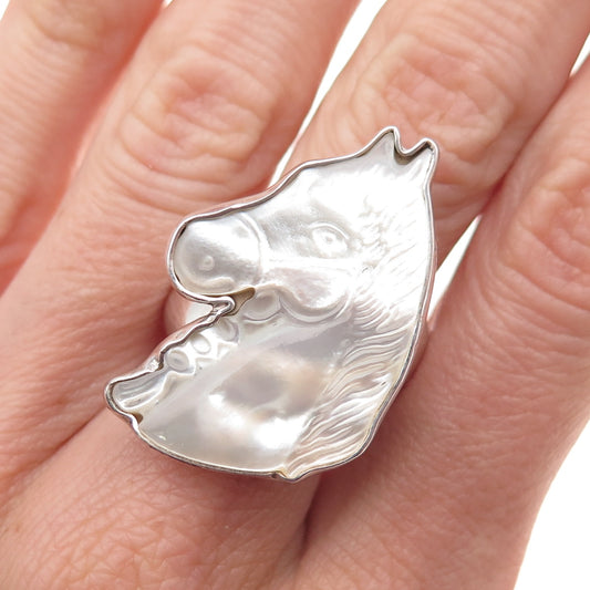 Charles Albert Fine Sterling Silver Vintage MOP Horse Adjustable Ring Size 7.5