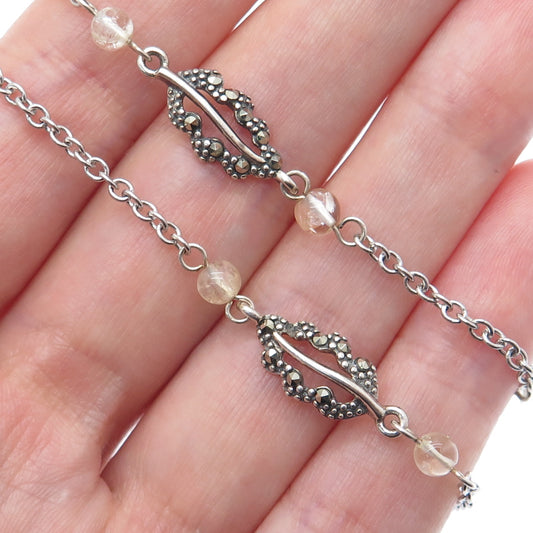 925 Sterling Silver Vintage Real Quartz Marcasite Floral Leaf Chain Necklace 17"