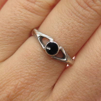 925 Sterling Silver Vintage Real Black Onyx Wishbone Oxidized Ring Size 6.75