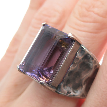 925 Sterling Silver Vintage Real Emerald-Cut Amethyst Hammered Ring Size 7.5