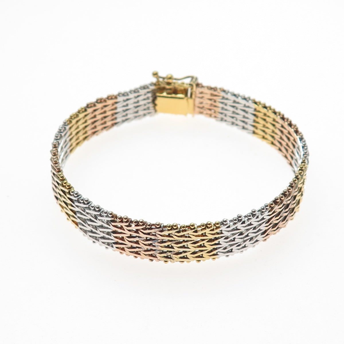 925 Sterling Silver 3-Tone Vintage Italy Chevron Mesh Link Bracelet 7.5"