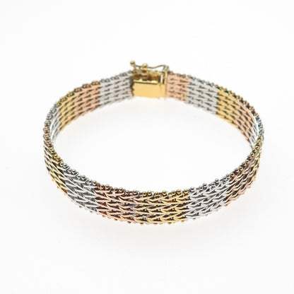 925 Sterling Silver 3-Tone Vintage Italy Chevron Mesh Link Bracelet 7.5"