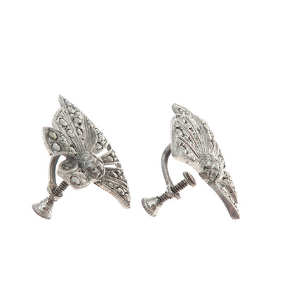 925 Sterling Silver Antique Art Deco Real Marcasite Bow Screw Back Earrings