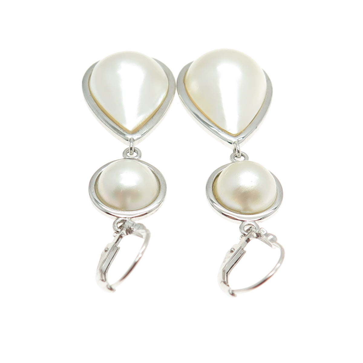 925 Sterling Silver Real Round & Pear Pearl Dangling Earrings