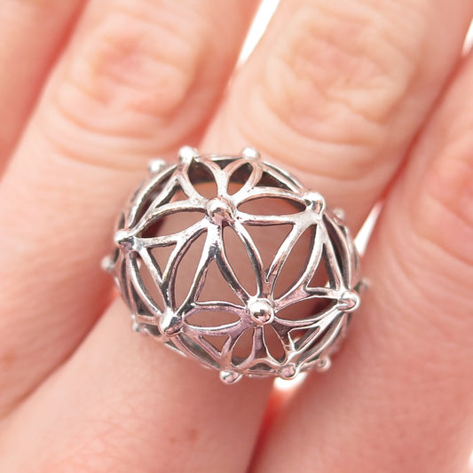 925 Sterling Silver Vintage Modernist Flower Dome Oxidized Ring Size 6.75