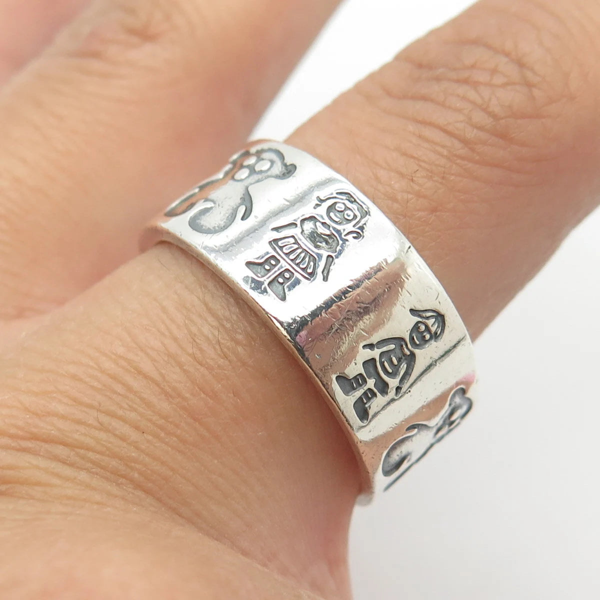 925 Sterling Silver Vintage Mexico Girl Boy & Bear Band Ring Size 11.5