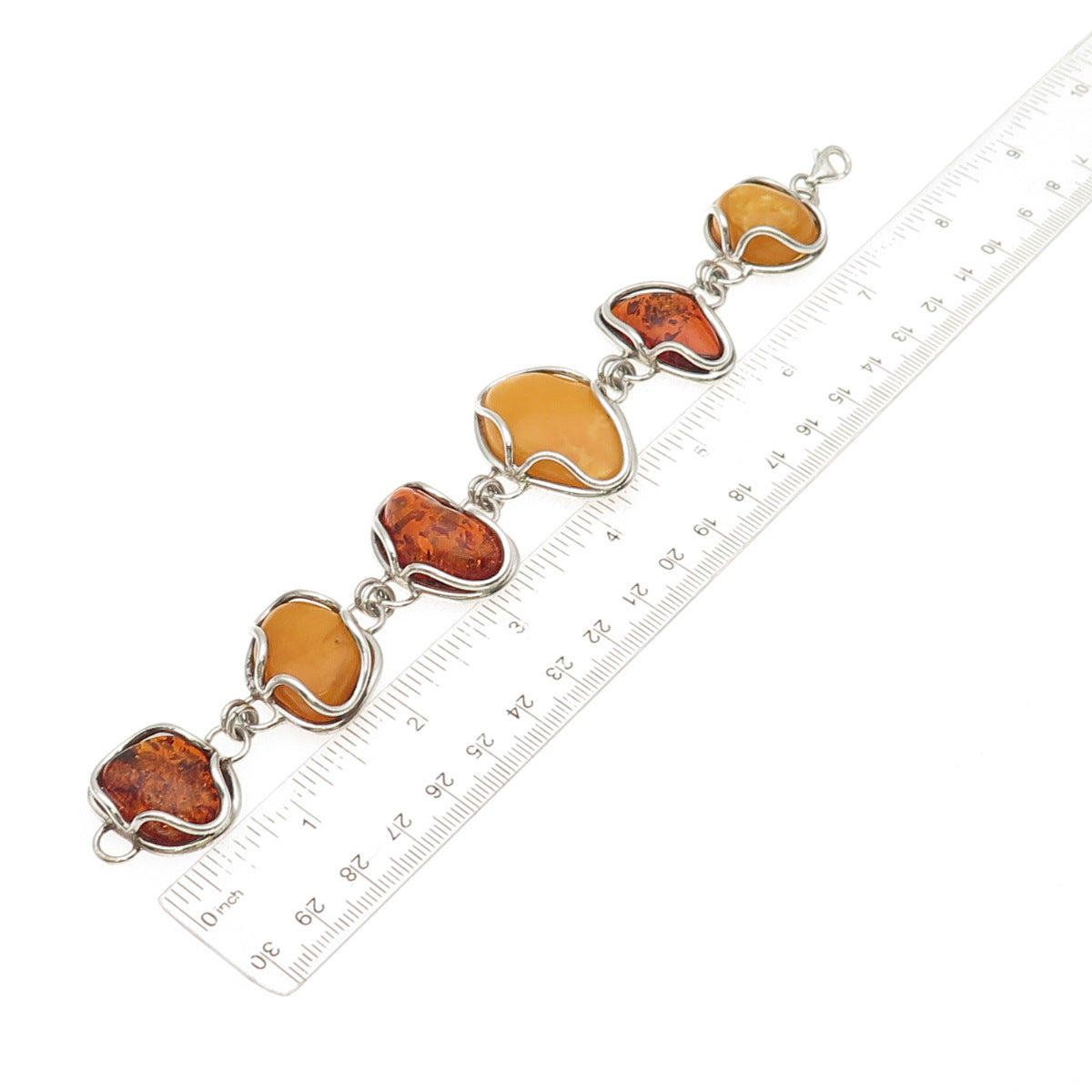 925 Sterling Silver Vintage Real Butterscotch Amber Modernist Bracelet 7.75"