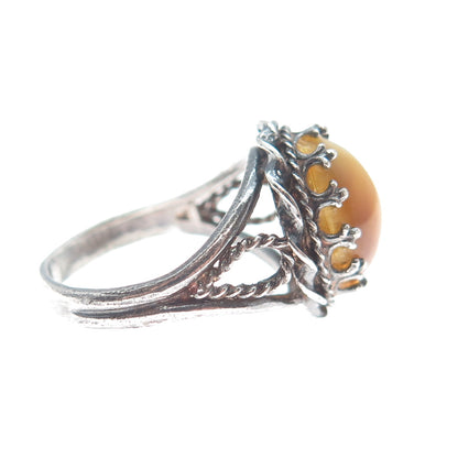 925 Sterling Silver Vintage Real Tiger Eye Crown Roped Oxidized Ring Size 6.75