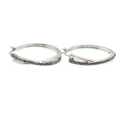 SUN 925 Sterling Silver Real Round-Cut Black Diamond Crisscross Hoop Earrings