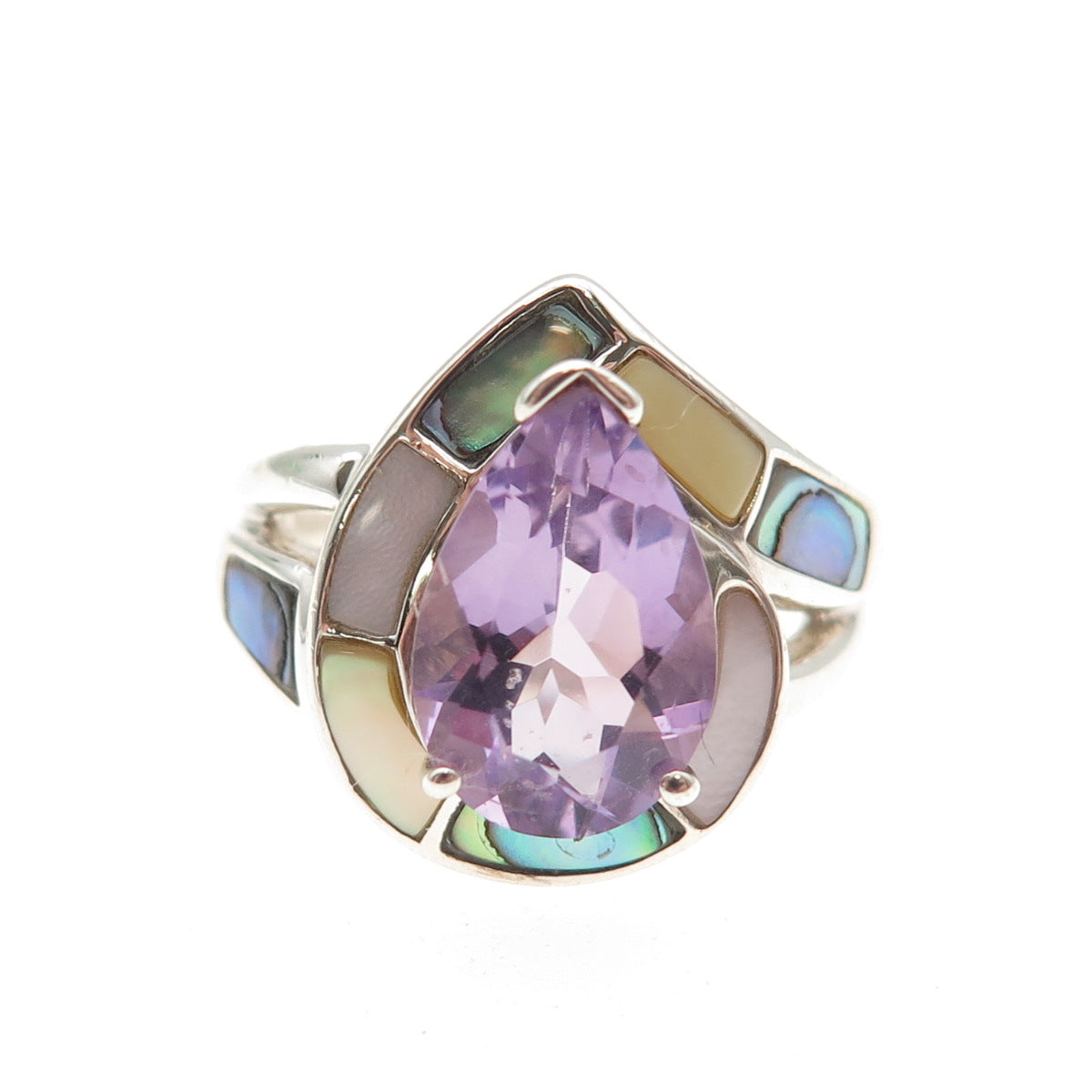 Whitney Kelly Sterling Vintage Real Amethyst Abalone Shell & MOP Ring Size 6.25