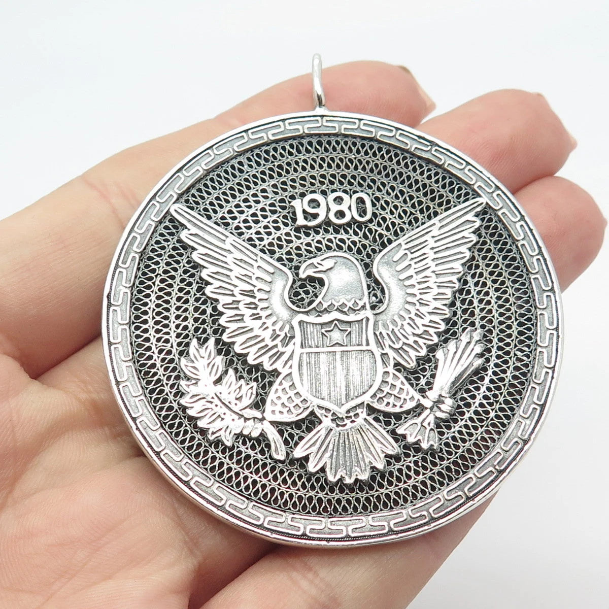 925 Sterling Silver Vintage Chinese Dragon & Eagle Filigree Pendant