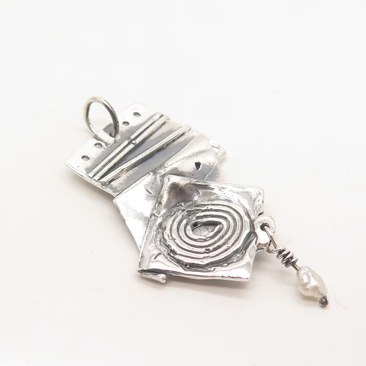 925 Sterling Silver Vintage Real Pearl Fingerprint Modernist Pendant