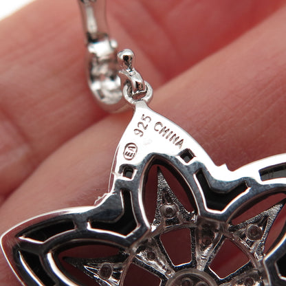 925 Sterling Silver Real Diamond & Black Onyx Floral Charm Pendant