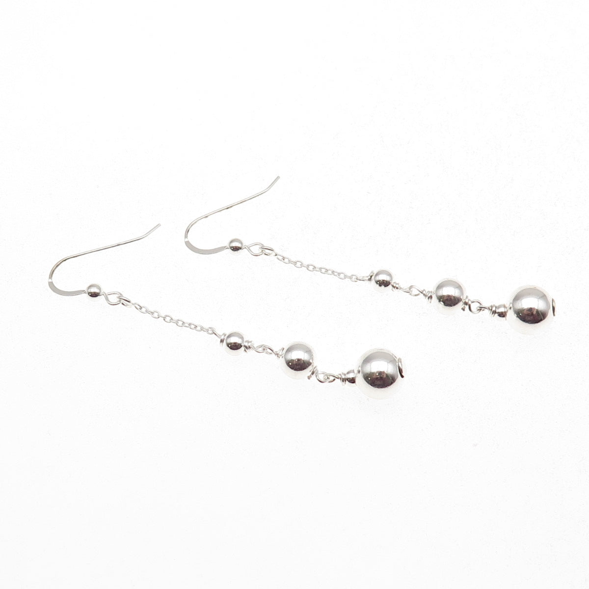 925 Sterling Silver Vintage Graduated Ball Beaded Chain Drop Dangle Earrings