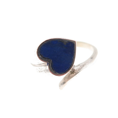 925 Sterling Silver Vintage Real Lapis Heart Oxidized Bypass Ring Size 4.5