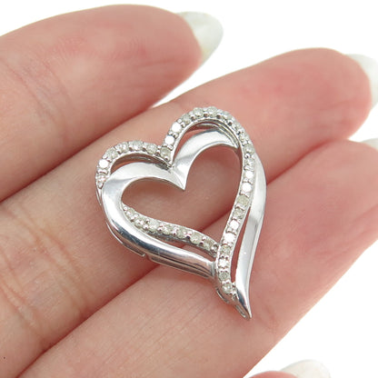 SAI 925 Sterling Silver Real Round-Cut Diamond Heart Slide Pendant