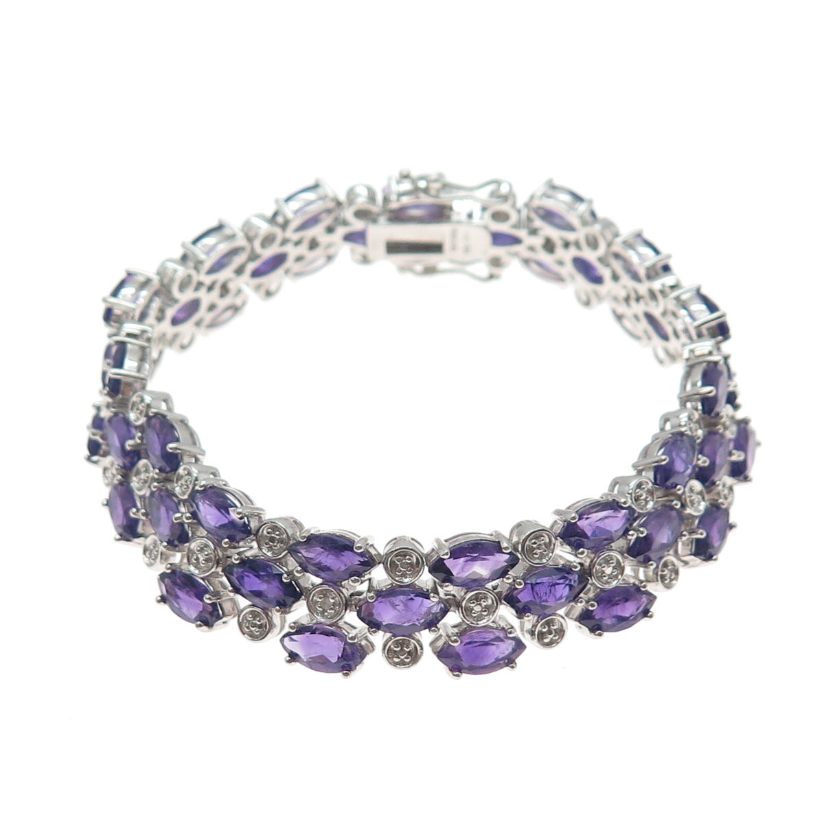FADI 925 Sterling Real Round-Cut Diamond & Marquise-Cut Amethyst Bracelet 7.25"