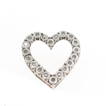 925 Sterling Silver Real Round-Cut Diamond Open Heart Slide Pendant