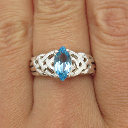 925 Sterling Silver Vintage Real Marquise-Cut Blue Topaz Woven Ring Size 8