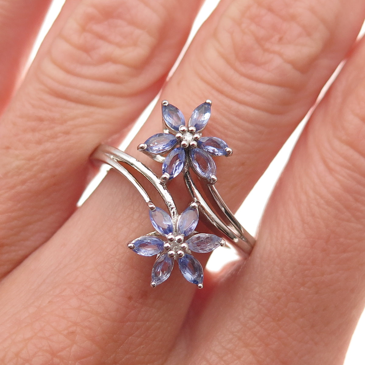Chuck Clemency 925 Sterling Silver Real Diamond Tanzanite Floral Ring Size 8.25