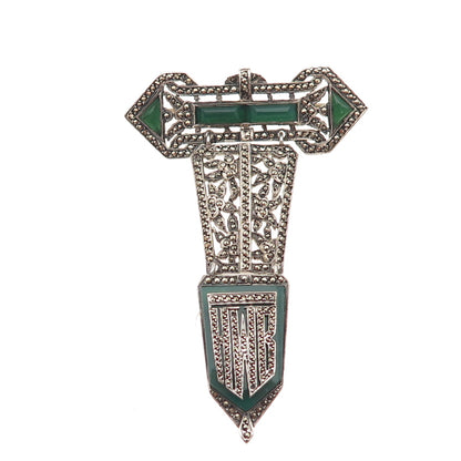 925 Sterling Antique Green Onyx Marcasite HWB Monogram Brooch (missing 9 stones)