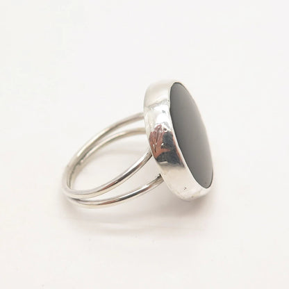 925 Sterling Silver Vintage Real Black Onyx Gem Round Signet Ring 6